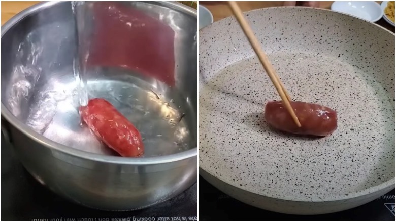 Chiên lạp xưởng làm xôi mặn